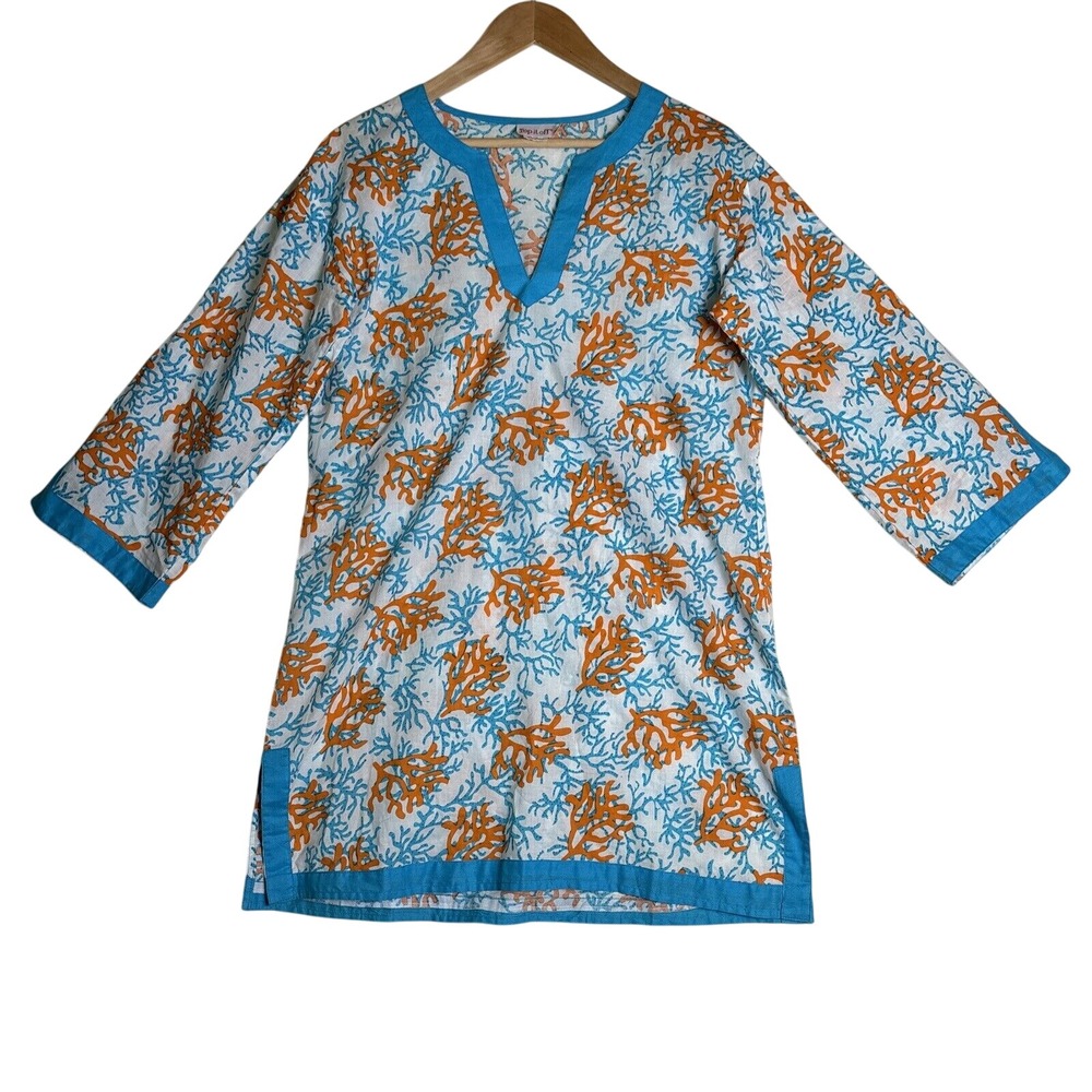 Top It Off Women's Tunic Shirt Sz S Coverup Top Coral‎ Reef Design Blue Orange